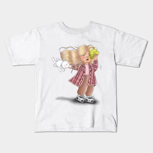 Little Girl And Cat Overwhelmed By Strong Wind Kids T-Shirt